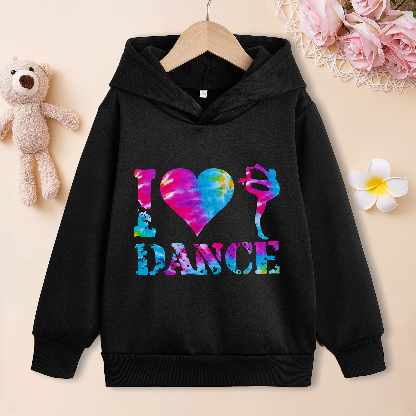 

I Love Dance Pattern Hoodies For Girls, Party Casual Active Long Sleeve Top Pullover Sweatshirts For Children Kids