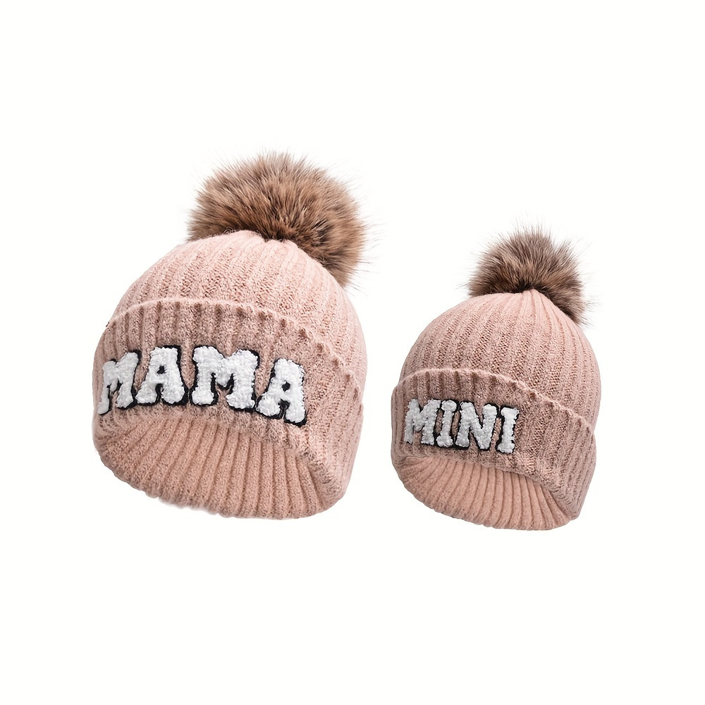 Parent-child Beanie Hats Set for Winter Skiing - Mama and Mini, Soft Headwear with Fur Ball, Thickened Knitted for Warmth and Christmas Gifts (2pcs