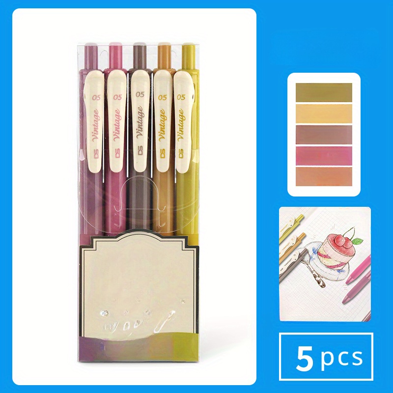 5pcs Vintage Color Ink Pens Set Quick-dry Highlight Writing 0.5mm