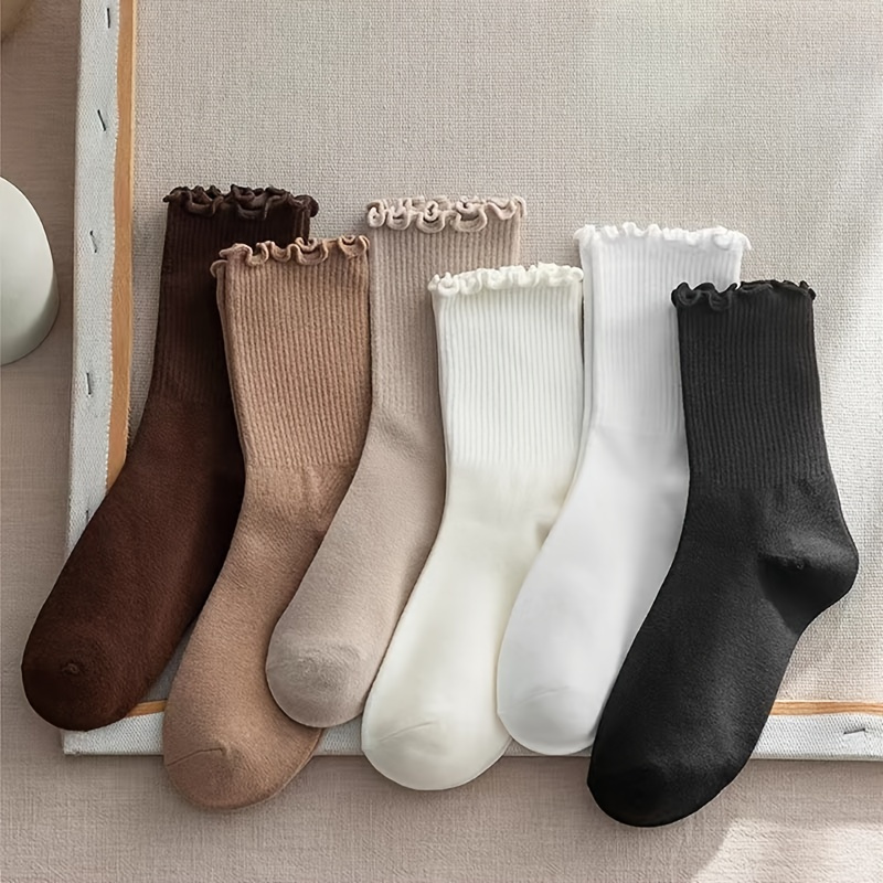 

5 Pairs Of Cozy Frilly Socks, Simple Solid Color Breathable Mid-tube Socks, Women's Stockings & Hosiery