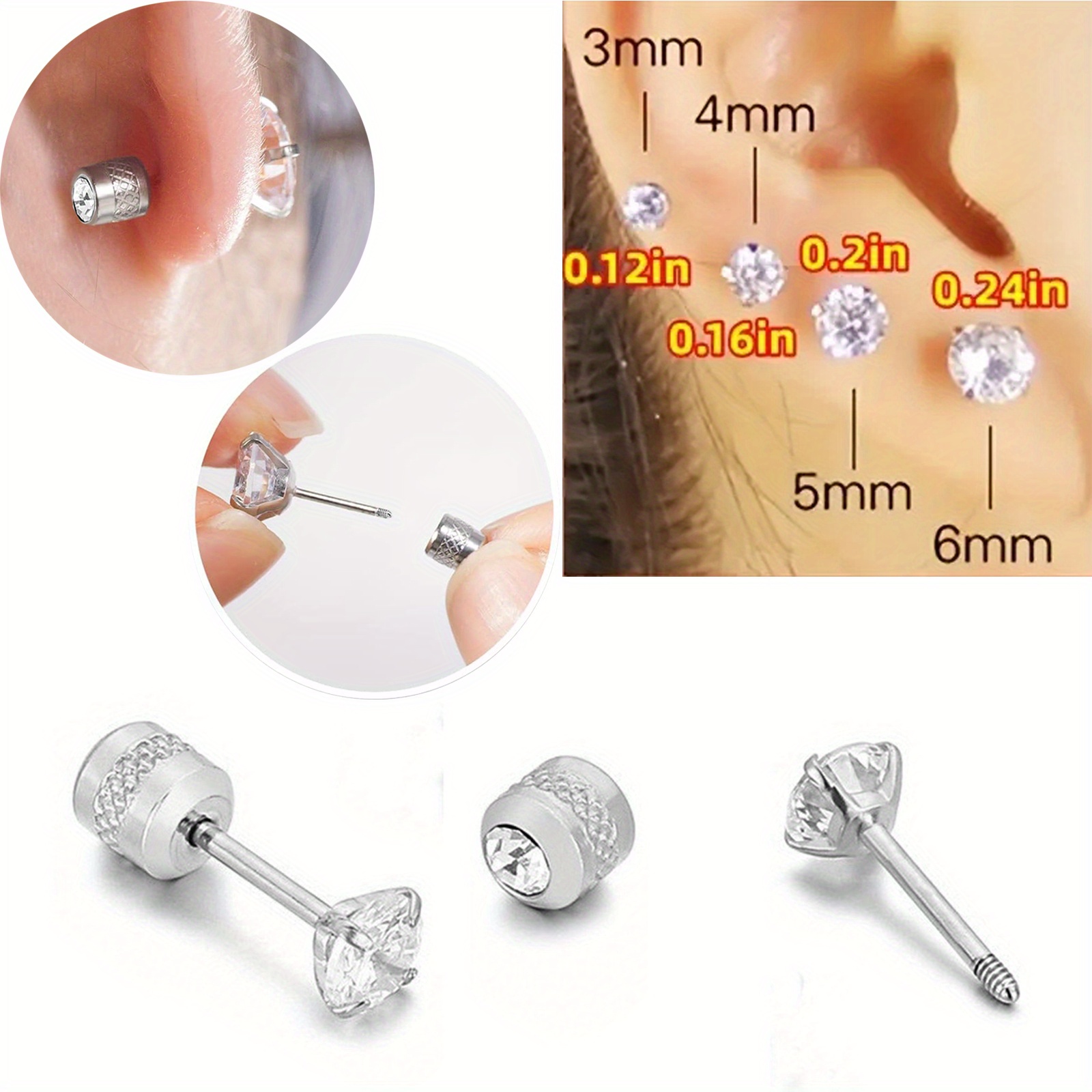 Squared Cubic Zirconia Ear Studs for Men - Pair 6mm