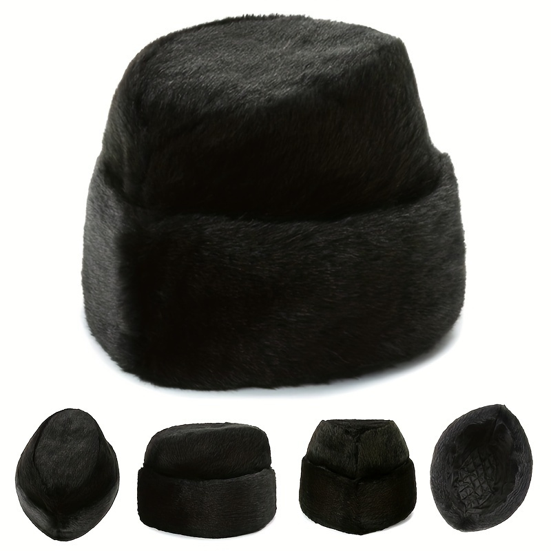 1pc Thickened Winter Warm Hat Mens Faux Leather Plush Trench Hat