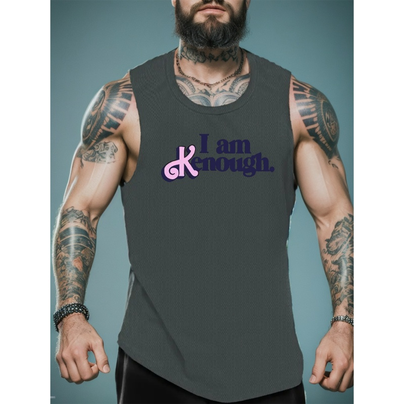 

I Am Enough Print Sleeveless Tank Top, Men's Active Undershirts For Workout At The Gym