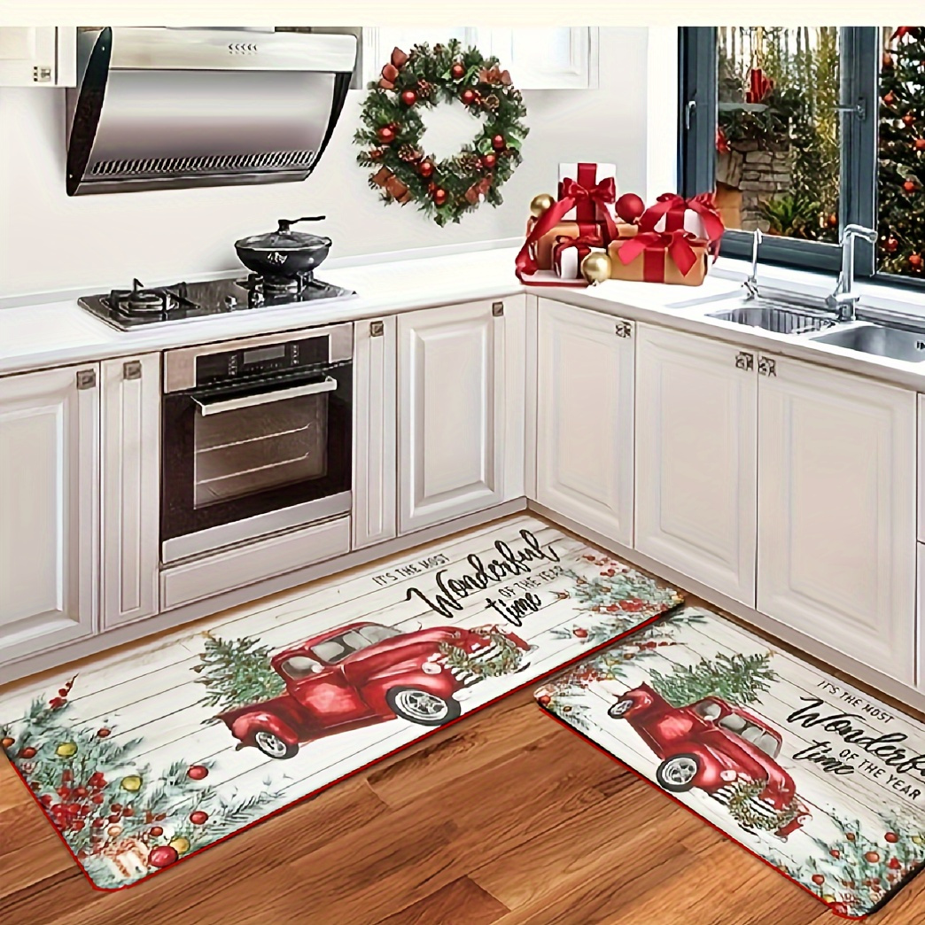 Christmas Kitchen Rugs and Mats Set of 2, Non Slip Winter Holiday