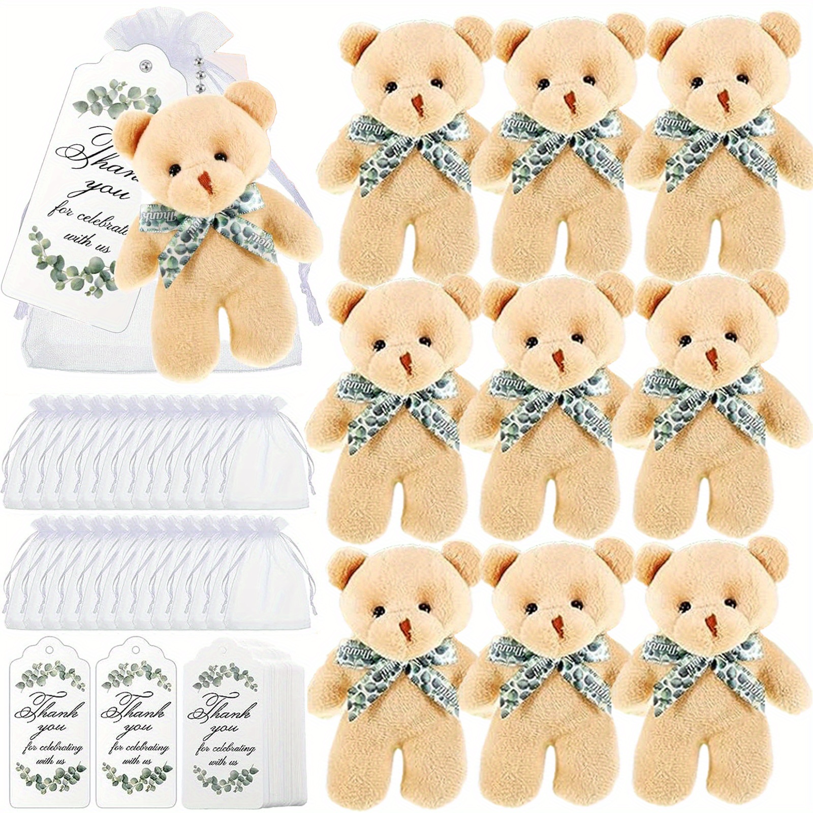 10 Sets, Baby Shower Small * Tiny Plush Bear Bulk 4.72 Inch Mini Stuffed  Animals Small Bear Party Favors With Thank You Tags And Mesh Bags For DIY