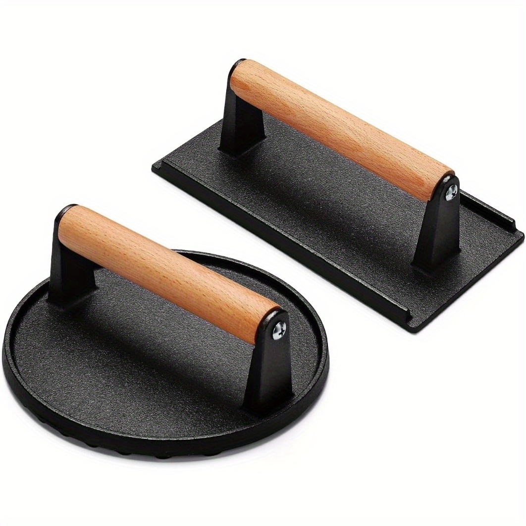 Cast Iron Burger Smasher Rectangle Hamburger Press with Wood Handle  Thickened Heavy Cast Flat Iron Steak