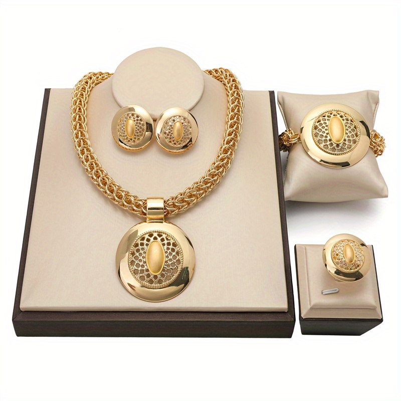 TEMU 1 Pair Of + 1 Necklace + 1 Bracelet + 1 Traditional Bridal Jewelry Set 18k Gold Plated Engagement /