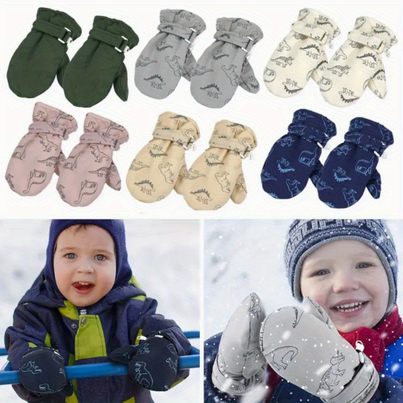 Kids Winter Plush Warm Skiing Mittens Dinosaur Print