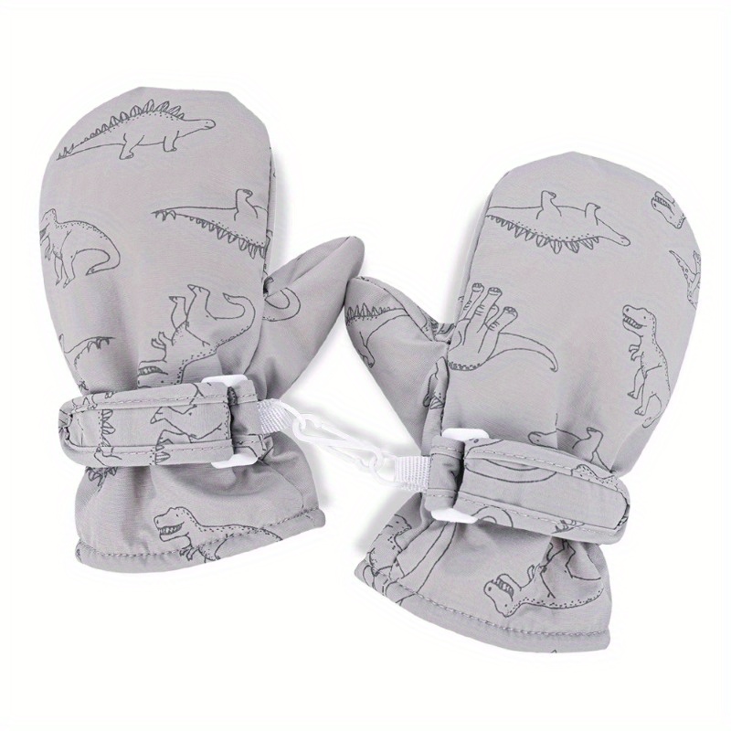 Kids Winter Plush Warm Skiing Mittens Dinosaur Print