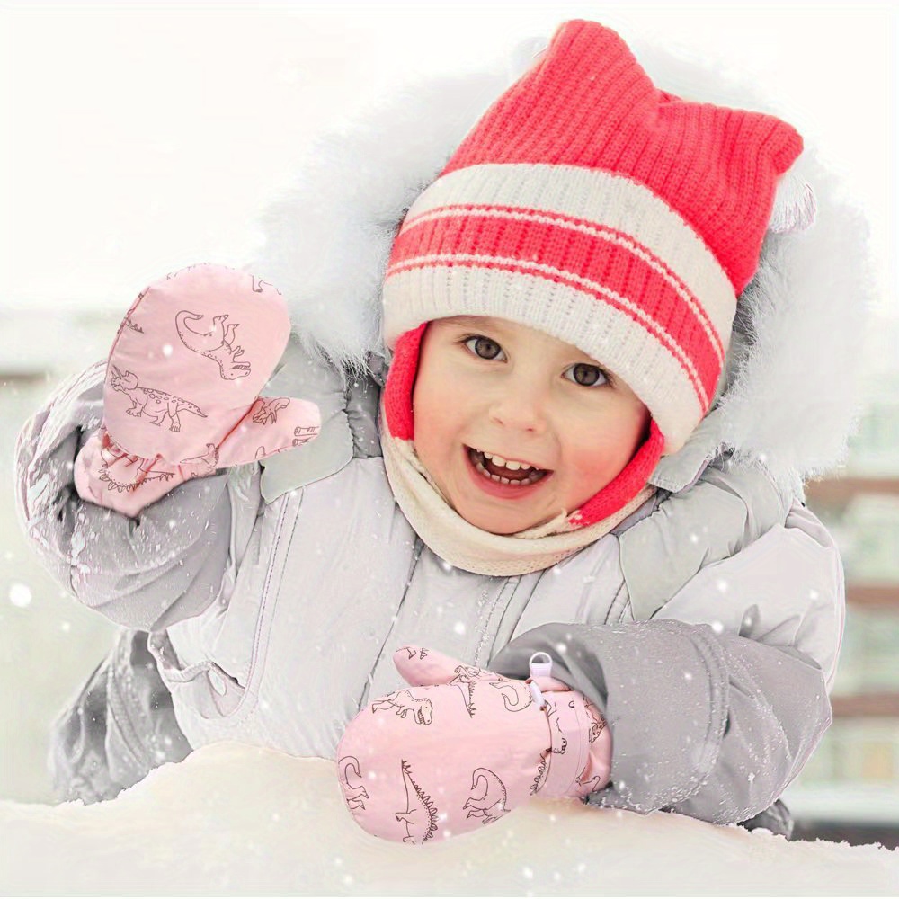 Kids Winter Plush Warm Skiing Mittens Dinosaur Print
