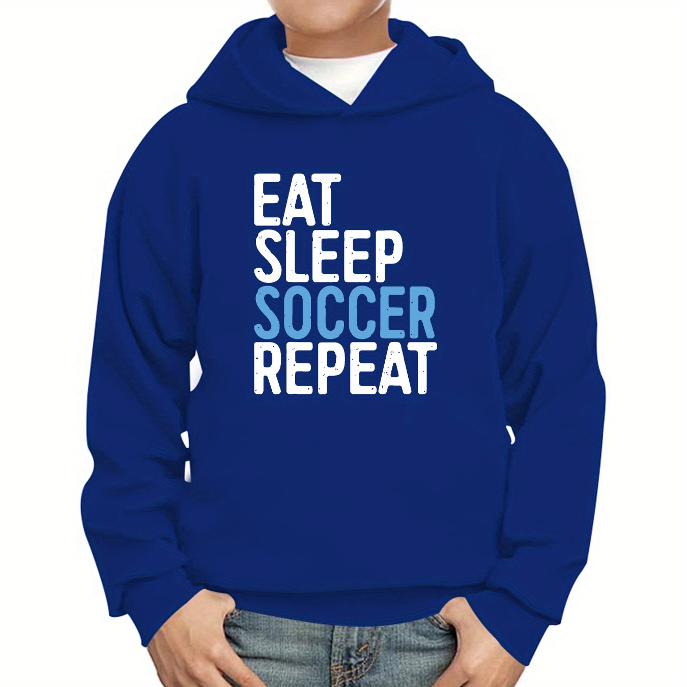 

Eat Sleep Soccer Repeat Letter Print Hoodies For Boys - Casual Graphic Design With Stretch Fabric For Comfortable Autumn/winter Wear