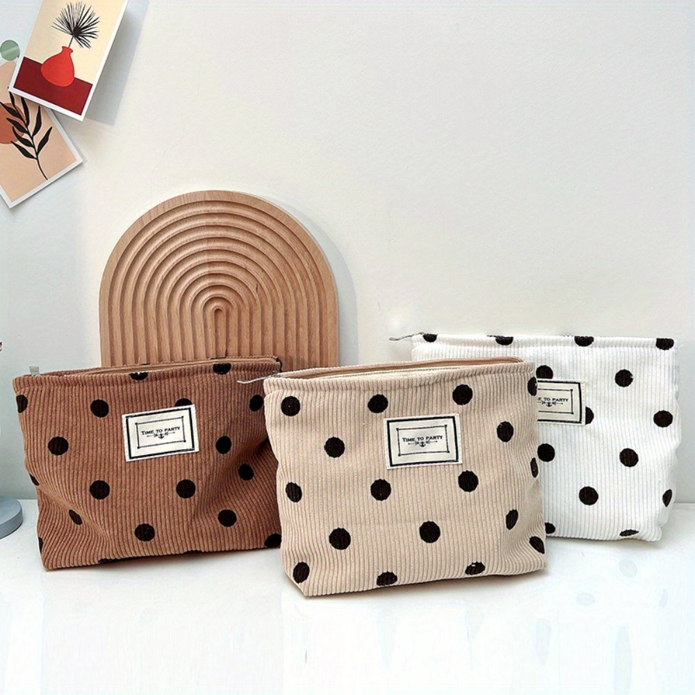 

1pc Corduroy Retro Polka-dot Cosmetic Bag, Leisure Storage Finishing Bag, Travel Portable Packing Wash Bag