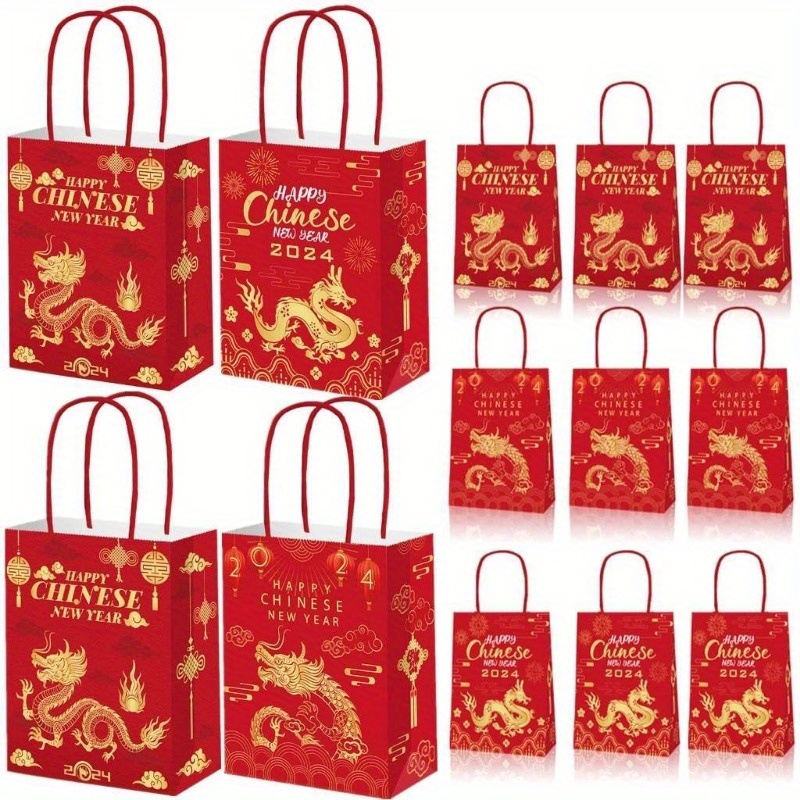 12pcs, 2024 Dragon Year Gift Bags With Handle Chinese Dragon New Year Paper  Red Bags Party Treat Boxes For Zodiac Souvenir Present Packaging Shopping