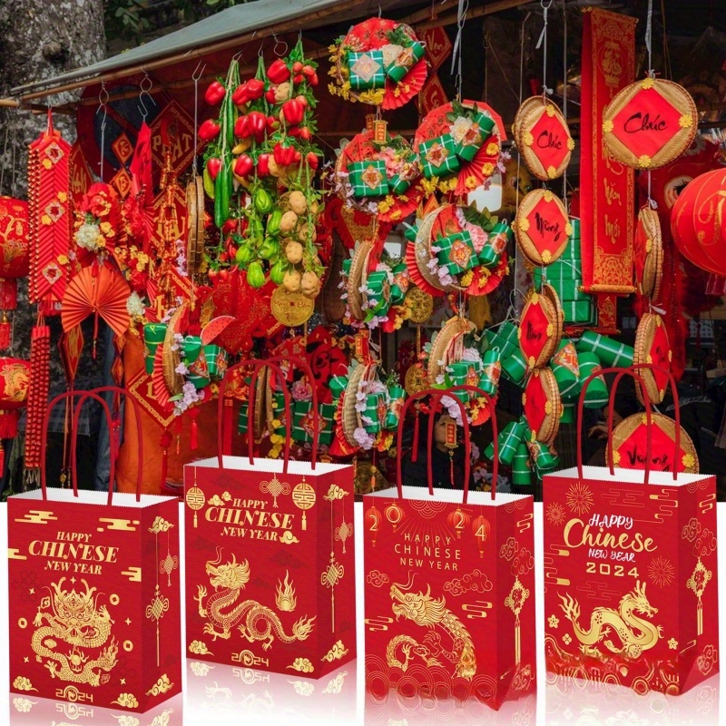 12pcs, 2024 Dragon Year Gift Bags With Handle Chinese Dragon New Year Paper  Red Bags Party Treat Boxes For Zodiac Souvenir Present Packaging Shopping