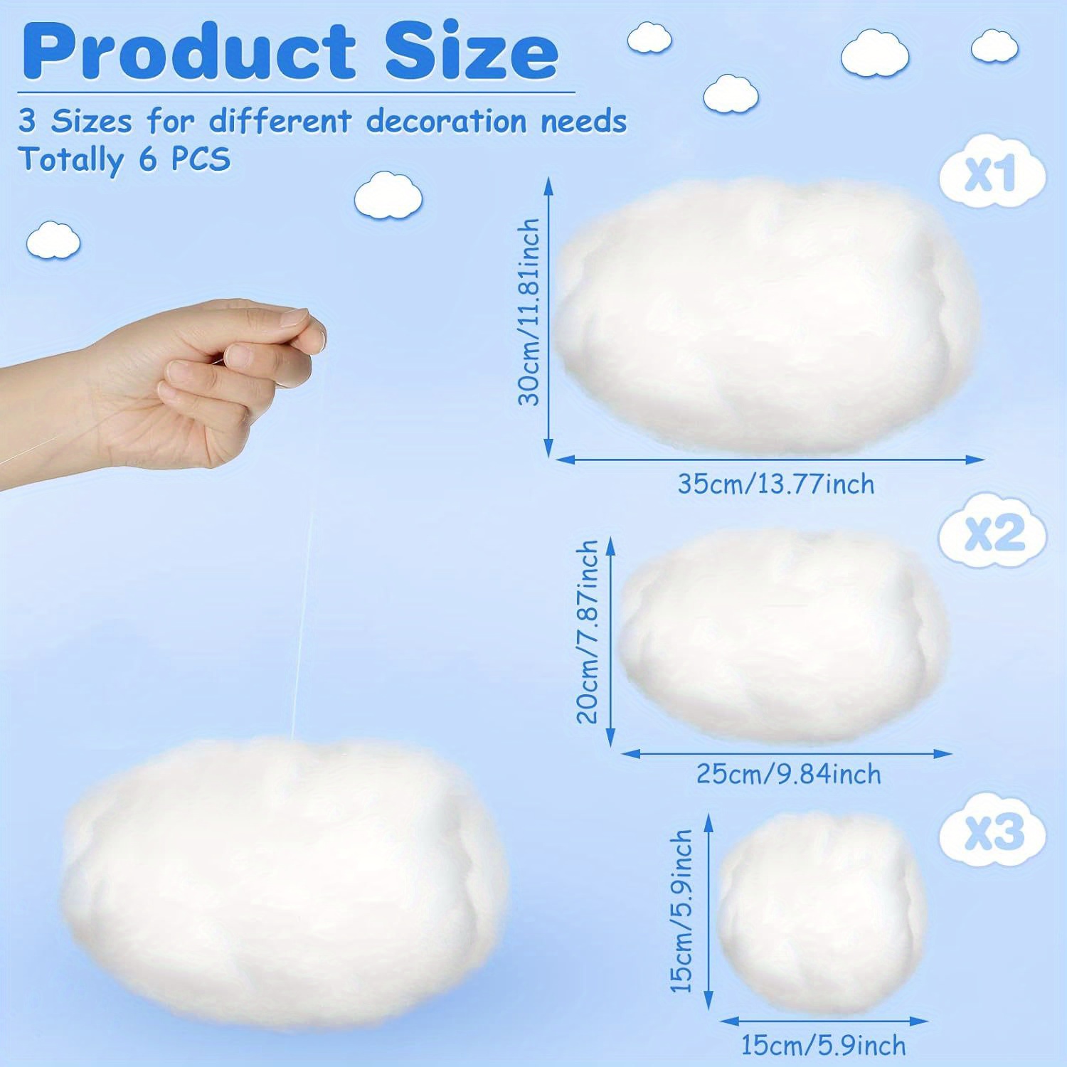 6pcs Large, Medium And Small Cotton Simulation Cloud Decorations 3D  Artificial Fake Clouds Props, Clouds For Ceiling, Room DIY Cloud Decor Art  Stage W