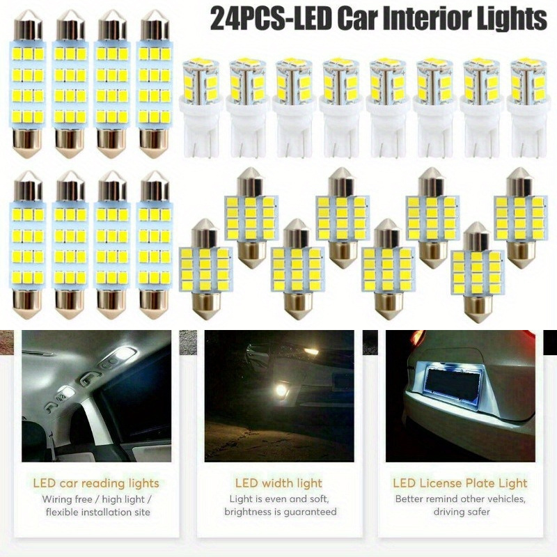 

24pcs Auto Led Combination Set: T10 Width Indicator Light, Dual-tip Reading Light, Interior Dome Light, And License Plate Lights