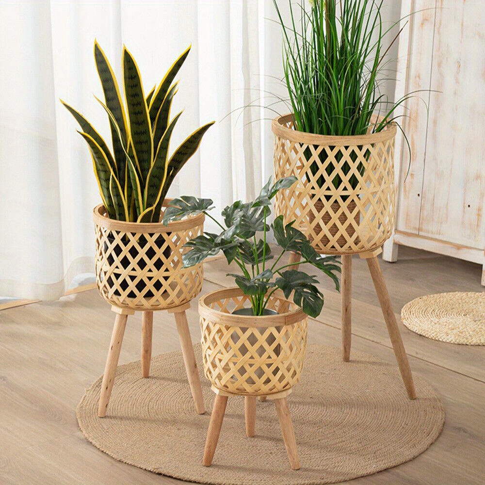 Soporte de plantas tejido con patas, maceta decorativa de madera