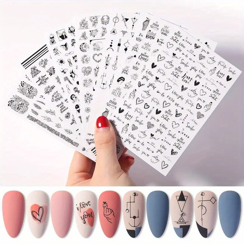 Image of Heart Nail Stickers 7 Sheets Hearts Nail Decals For Women 3d Self Adhesive Heart Nail Art Stickers Black Red Heart Love Cupid Nail Designs Diy Valentines Manicure Decorations