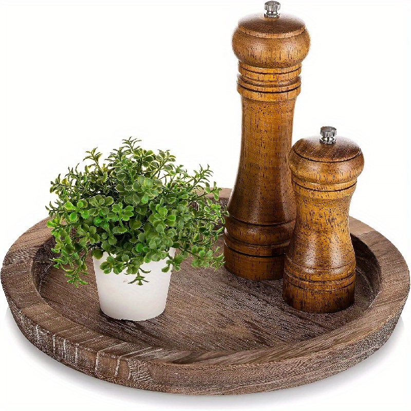 

1pc Rustic Wooden Serving Tray - Round Wood Butler Decorative Tray, Vintage Centerpiece Candle Holder Trays, Farmhouse Ottoman Tray For Kitchen Countertop Home Decor For Coffee Table
