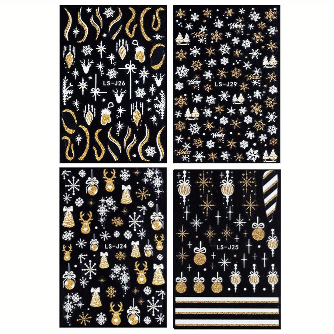 4 Sheets Christmas Nail Art Stickers Decals Self-adhesive Holiday Golden Snowman Snowflake Winter Nail Supplies Nail Art Accessories