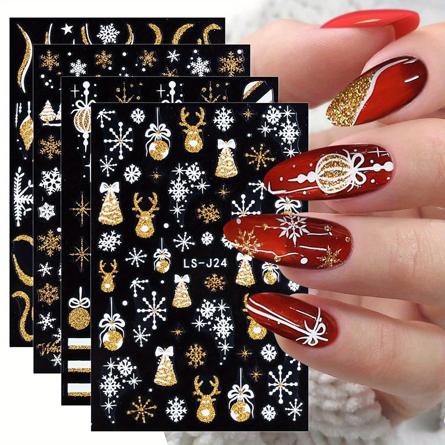 

4 Sheets Christmas Nail Art Stickers Decals Self-adhesive Holiday Golden Snowman Snowflake Xmas Winter Nail Art Supplies