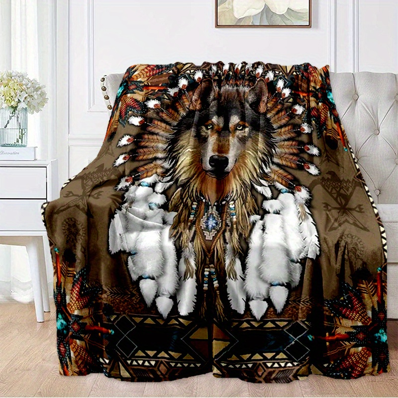 

1pc Native Wolf Flannel Blanket For All Season, Cozy Warm Soft Blanket For Travelling