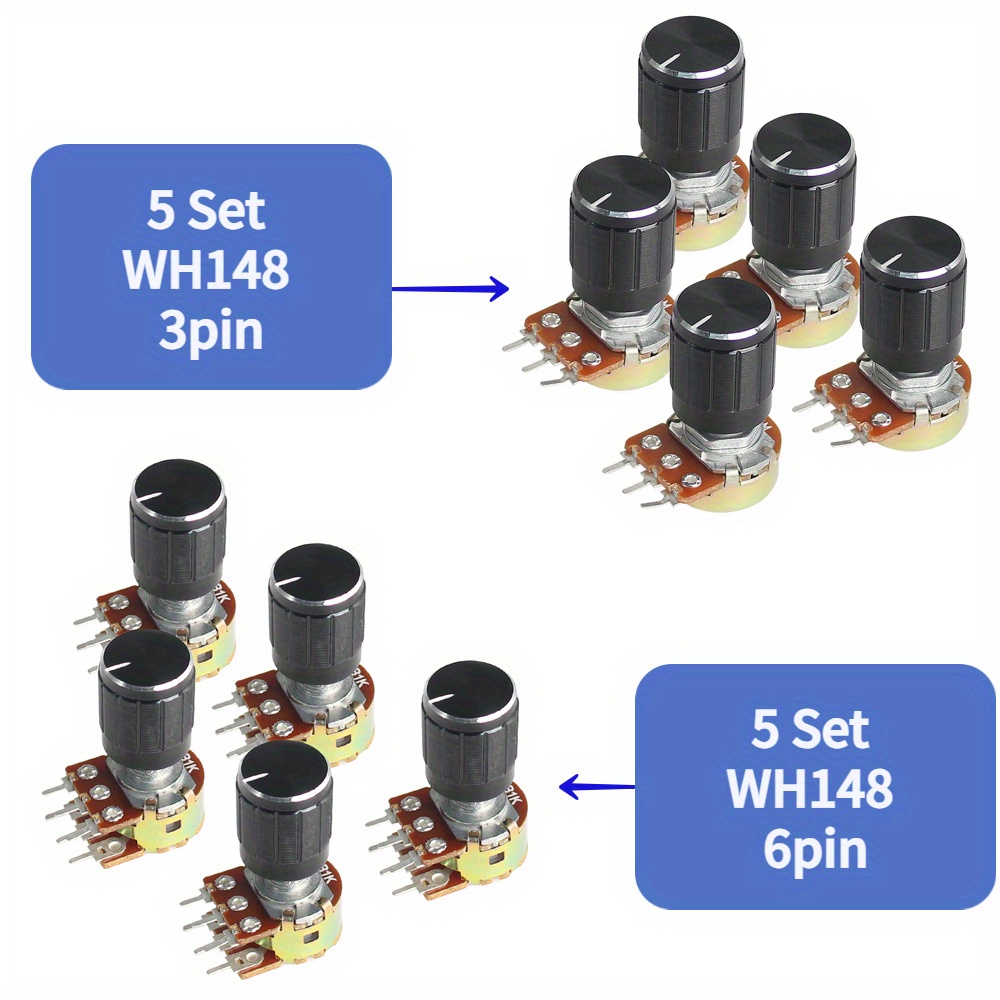 

5sets Wh148 Linear Potentiometer Kit - 15mm 3pin/6pin, 1k 2k 5k 10k 20k 50k 100k 250k 1m, With Black Aluminum Alloy Knob Caps For Precision Control