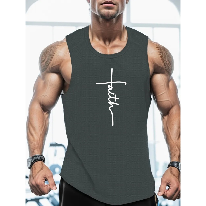 

Faith Print Sleeveless Tank Top, Men's Active Undershirts For Workout At The Gym