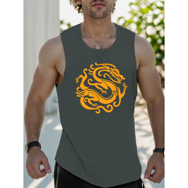 

Dragon Print Sleeveless Tank Top, Men's Active Undershirts For Workout At The Gym