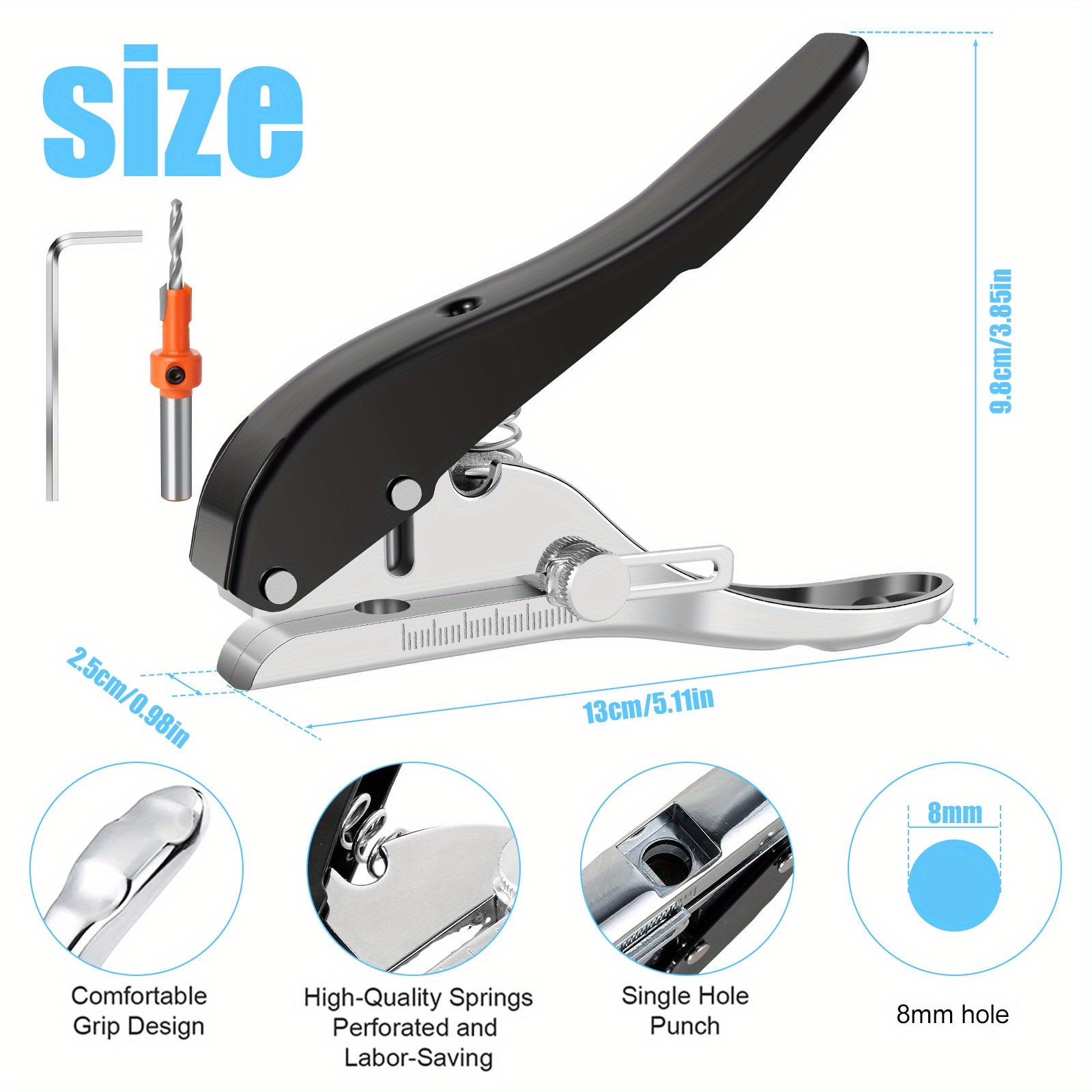 Threns Single Hole Punch 3/8inch Heavy Duty Hole Puncher Portable Paper Punch Handheld Long Hole Punch Metal Hole Punch Tool for Paper Cards Plastic