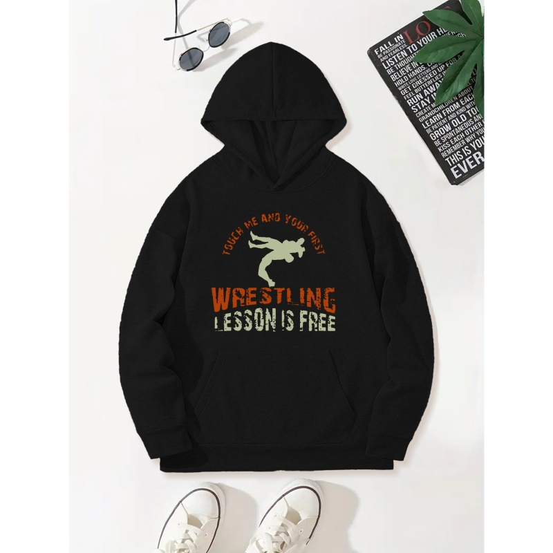 

Men's Letter Lesson Is Free Print Hoodie, Casual Loose Hooded Long Sleeve Slightly Stretch Top, Men's Clothings For Outdoor