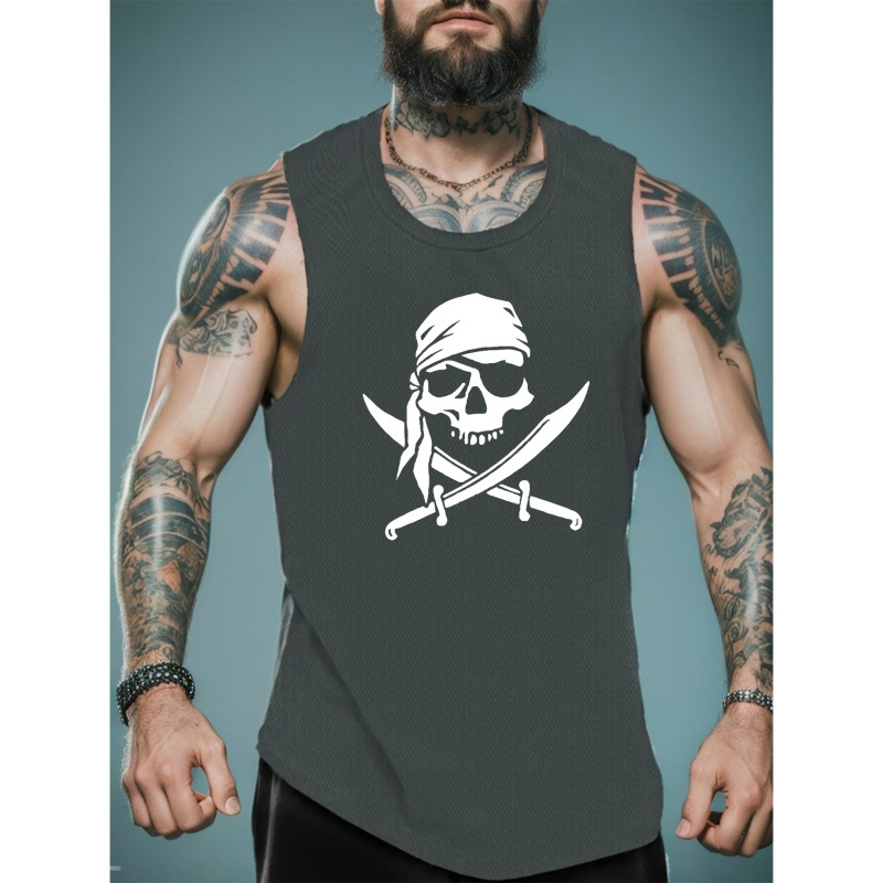 

Skull And Swords Print Sleeveless Tank Top, Men's Active Undershirts For Workout At The Gym