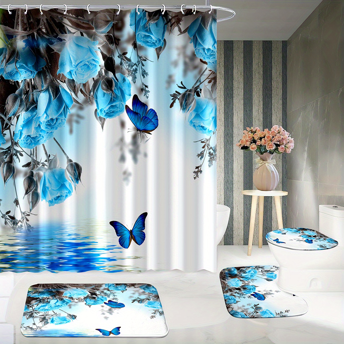 Shower Curtain Sets Flower Butterfly Print Bathrooms - Temu