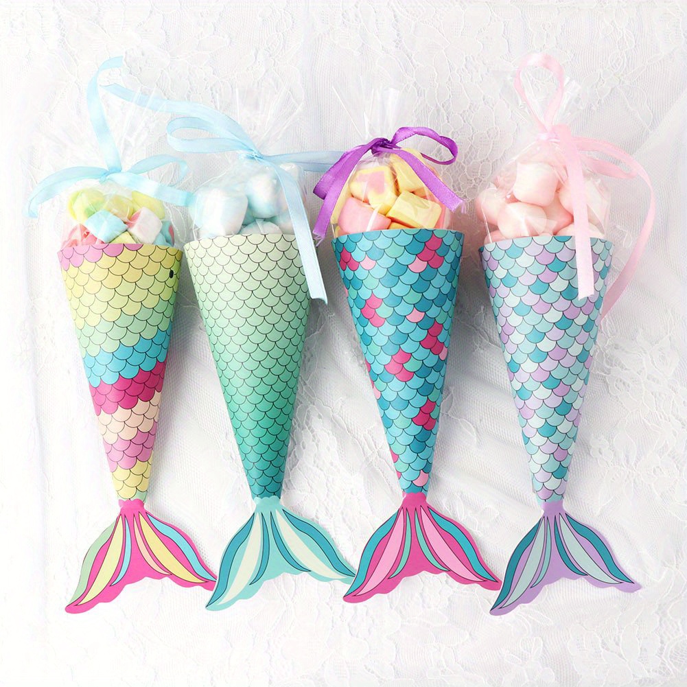 

12pcs, Mermaid Paper Candy Gift Box Invitation Card Gifts Bags Birthday Treat Mermaid Party Favors Decoration Supplies 3 Each Of 4 Patterns