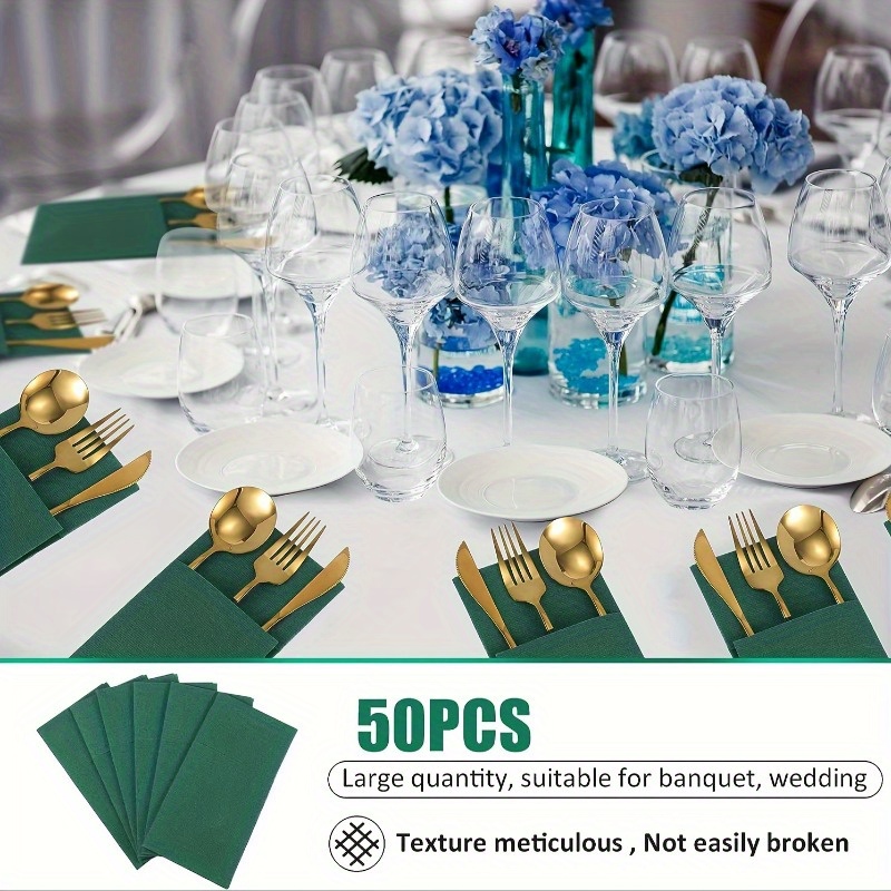 Green Napkins with Built-in Flatware, Disposable Christmas Napkins