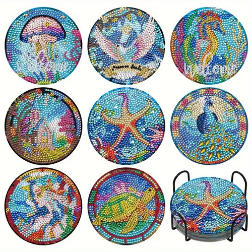 8pcs Animal Diamond Painting Coasters Kit, Shield Shape Diamond Painting Coasters with Holder, DIY Drink Coasters with Cork Base Diamond Painting