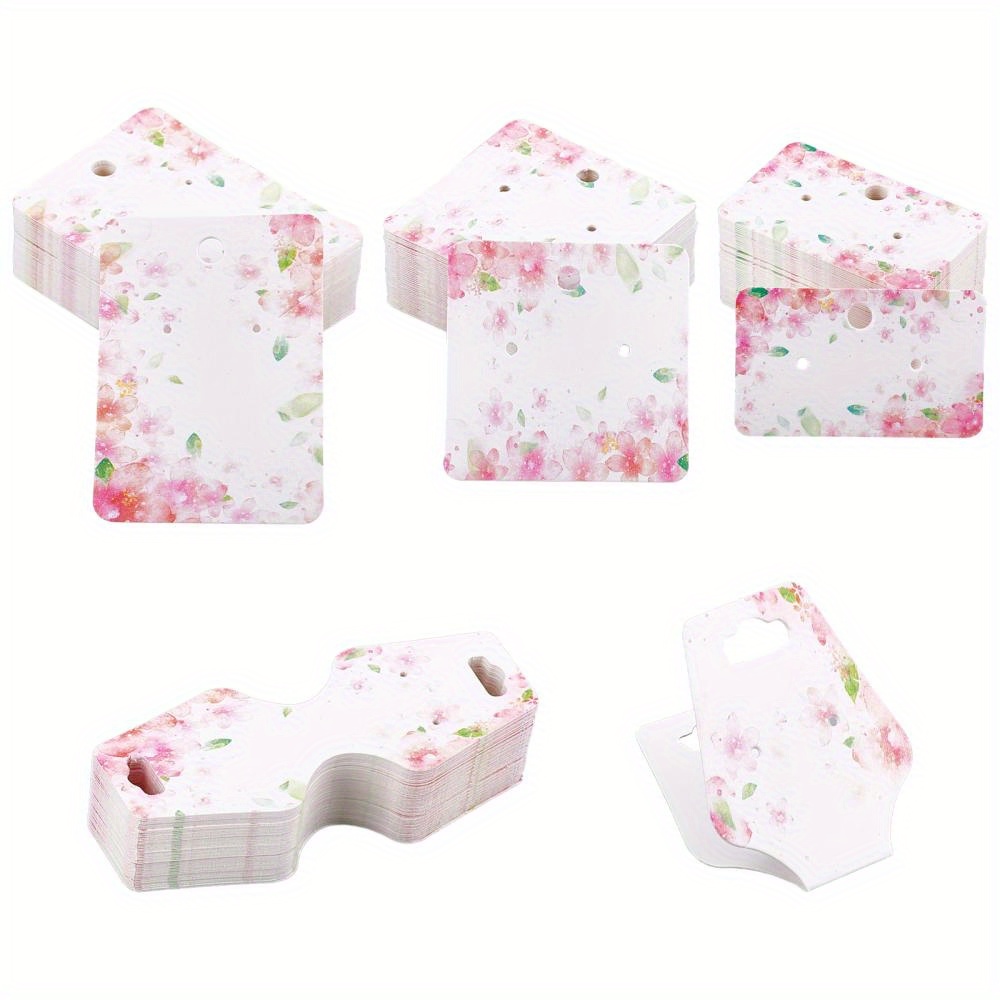 

200pcs Set, 4 Styles White Cardboard Display Card, For Earring & Necklace, Jewelry Packaging Card, With Flower Pattern, Pinkish, 50pcs/style