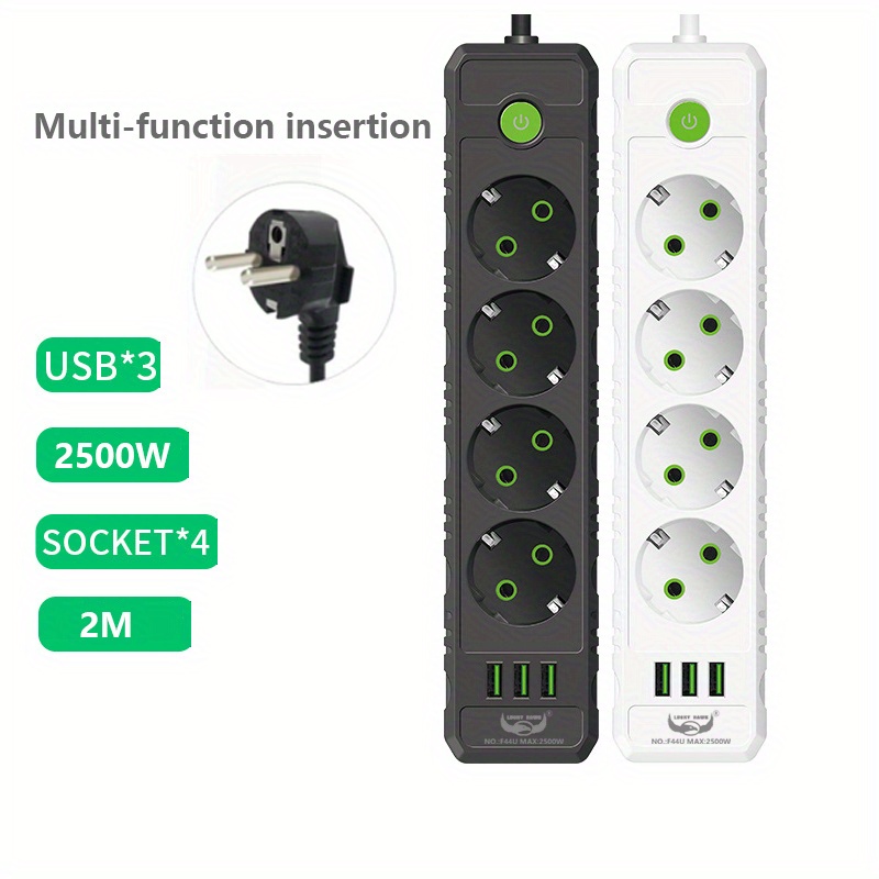 1pc EU Plug Power Strip, 2M Extension Cable, Multiprise 4 Outlets  Electrical Socket With 3 USB Network Filter Fast Charging 2500W Power