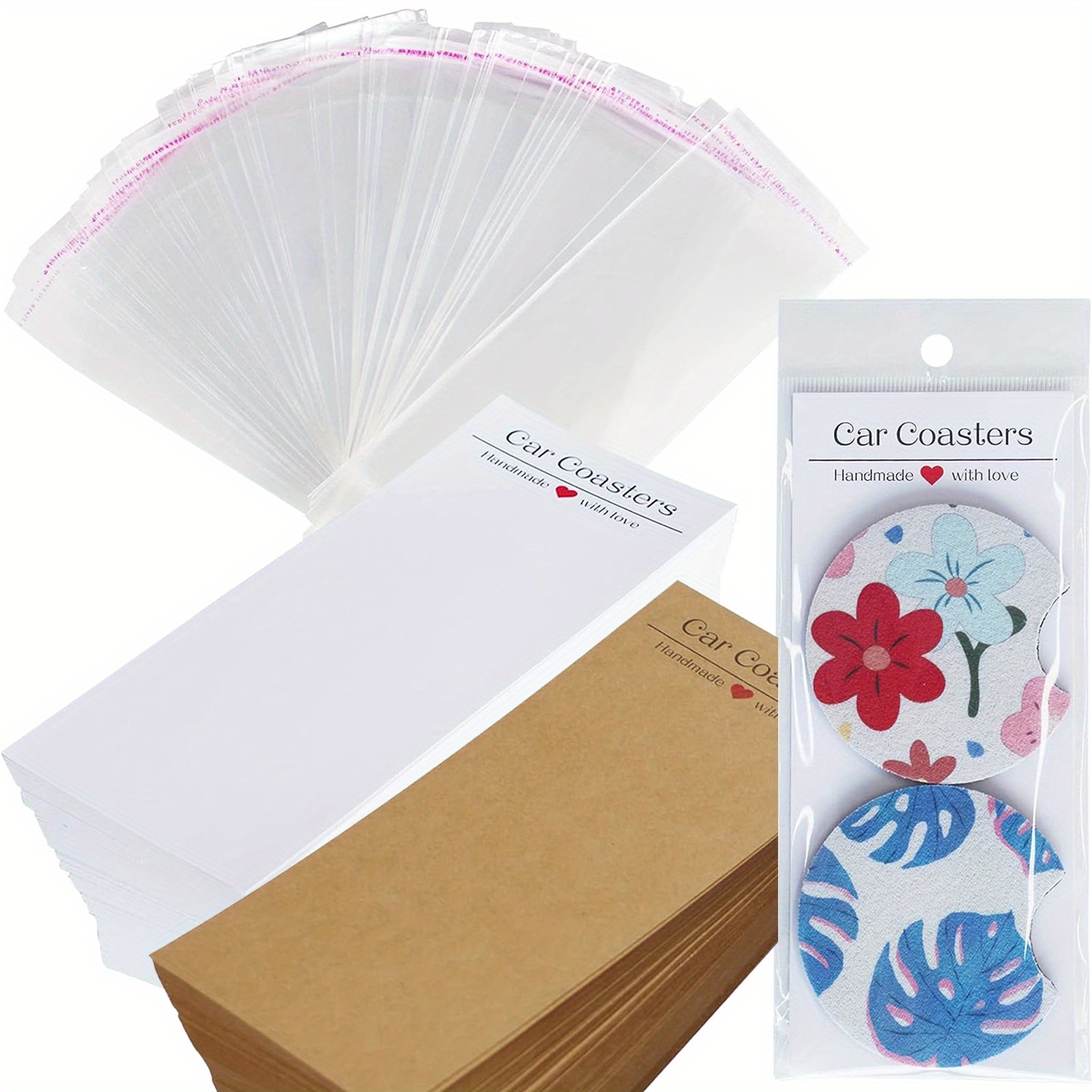 100Pcs Car Coaster Packaging for Selling, Car Coasters Sublimation Blanks  Sublimation Coasters, Sublimation Car Coaster Cards with 100Pcs Bags, Heat