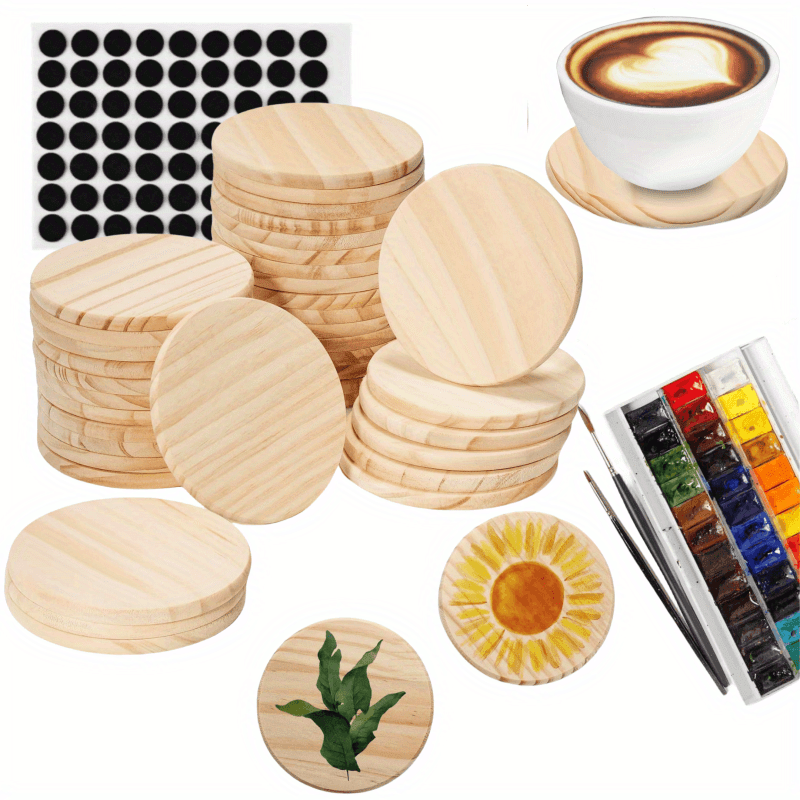 26Pcs Unfinished Wooden Coasters w/ Non Slip Silicon Dots for DIY Crafts  NEW