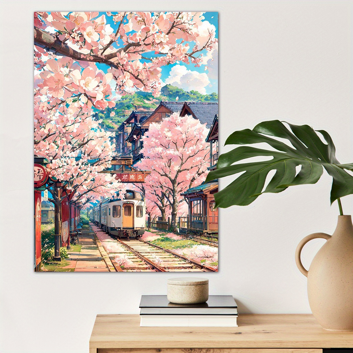 

1pc Train And Flowers Canvas Wall Art For Home Decor, High Quality Wall Decor, Pink Cherry Canvas Prints For Living Room Bedroom Bathroom Kitchen Office Cafe Decor, Perfect Gift And Decoration