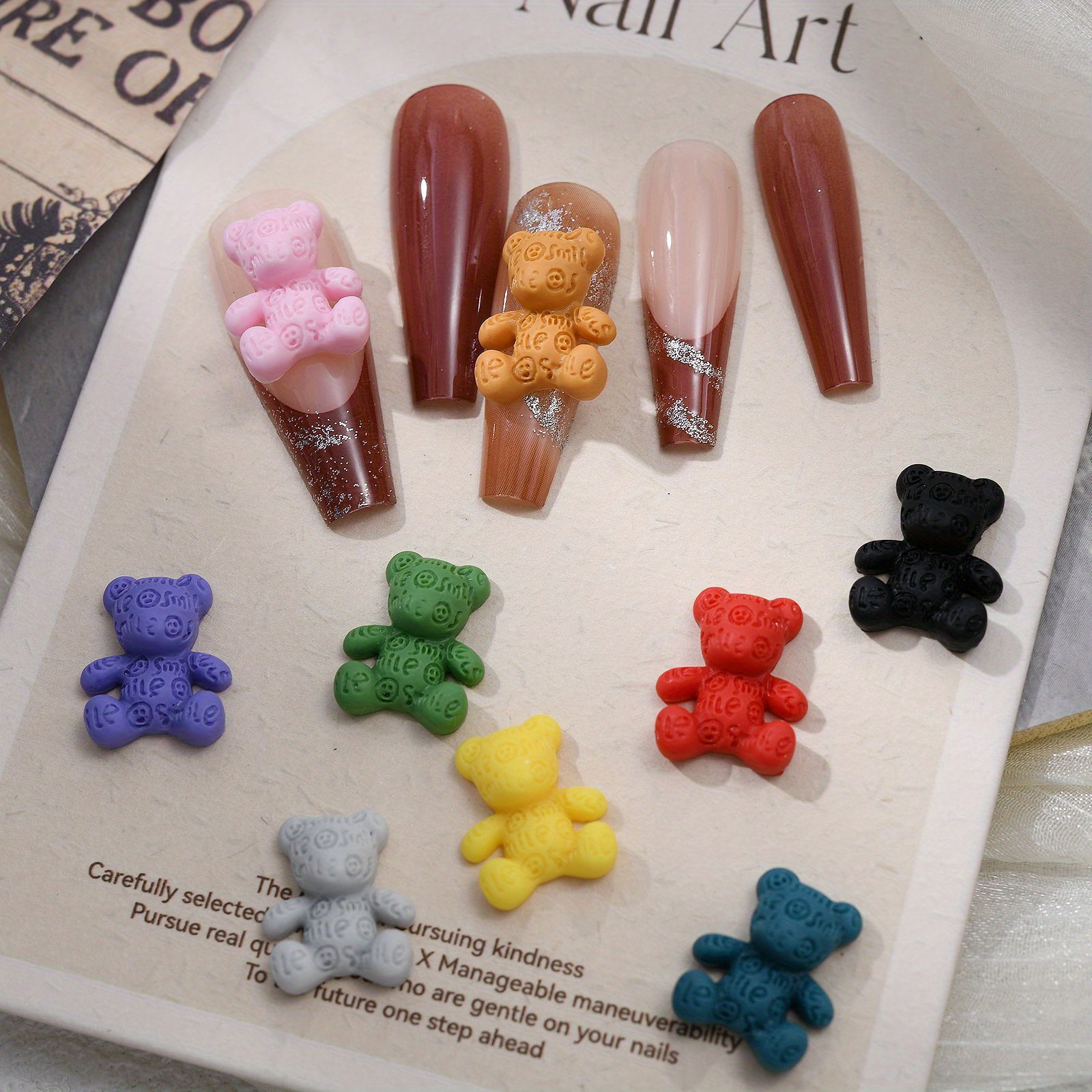 10 pcs Cute 3D Clear Brown Bear Nail Charms with Black Bow Design - Perfect  for Nail Art DIY and Manicures
