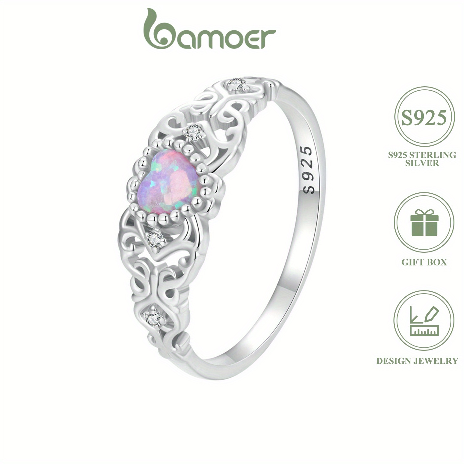 

1pc 925 Sterling Silver Ring Inlaid Opal In Heart Shape Retro Flower Carving On The Band Match Daily Outfits Party Accessory High Quality Jewelry With Gift Box