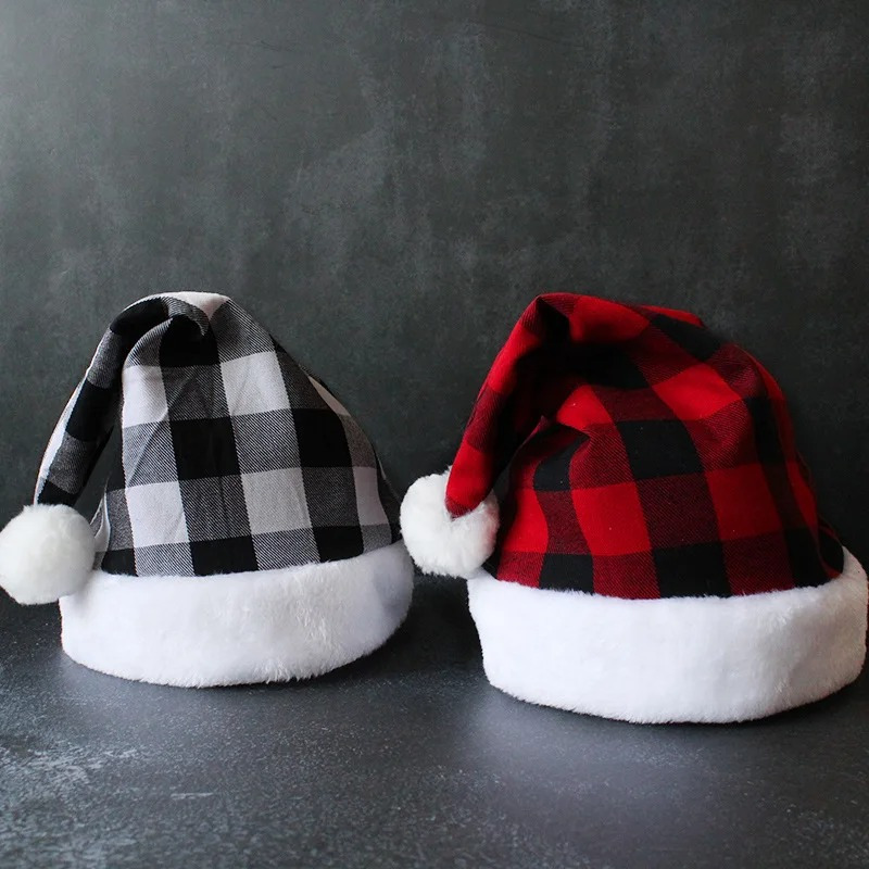 

1pc Party Christmas Hat Red Black Plaid Cotton Hats Merry Christmas Decor For Home Gift New Year Ornament Natal Gifts