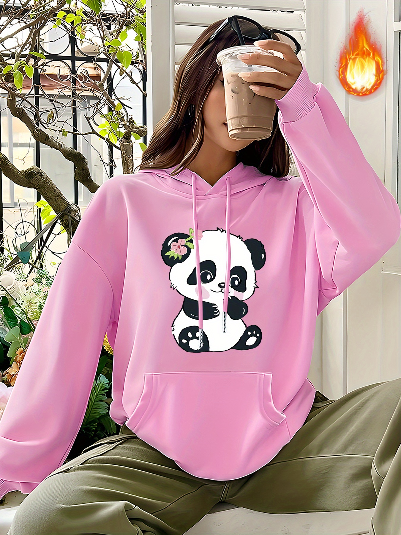 Cute Panda Hooded Sweatshirt Long Sleeves Kangaroo Pockets Drawstring Hoodie Women s Sweatshirts