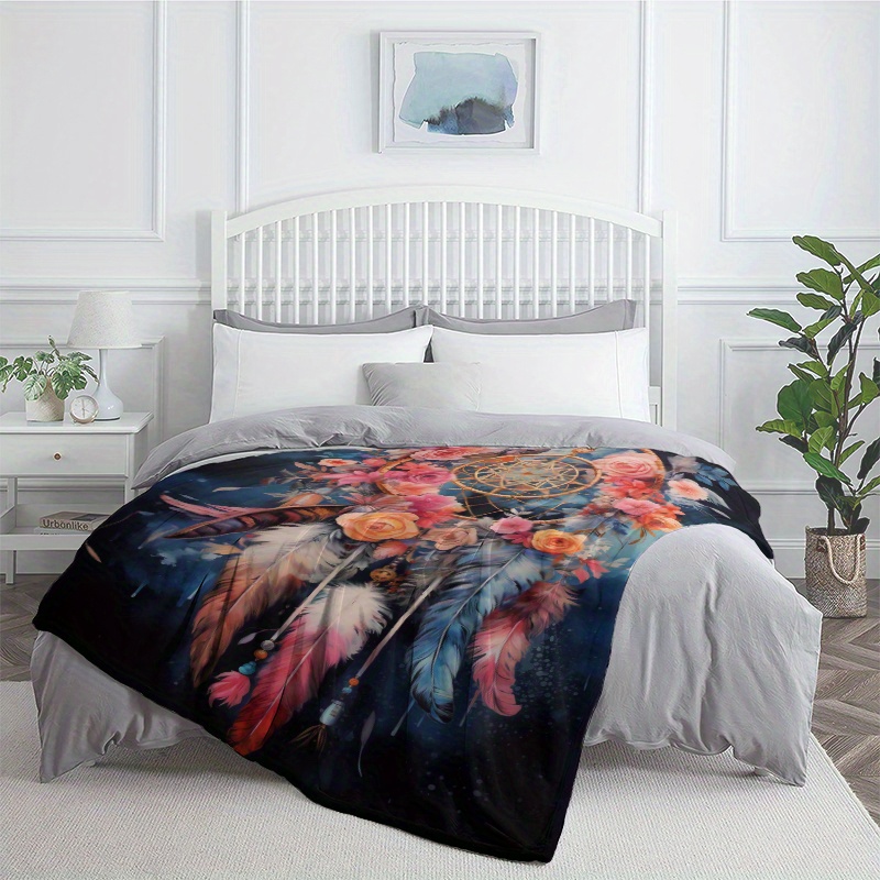 Flower Print Dream Catcher Blanket Cozy Flannel Throw for Home Office Couch
