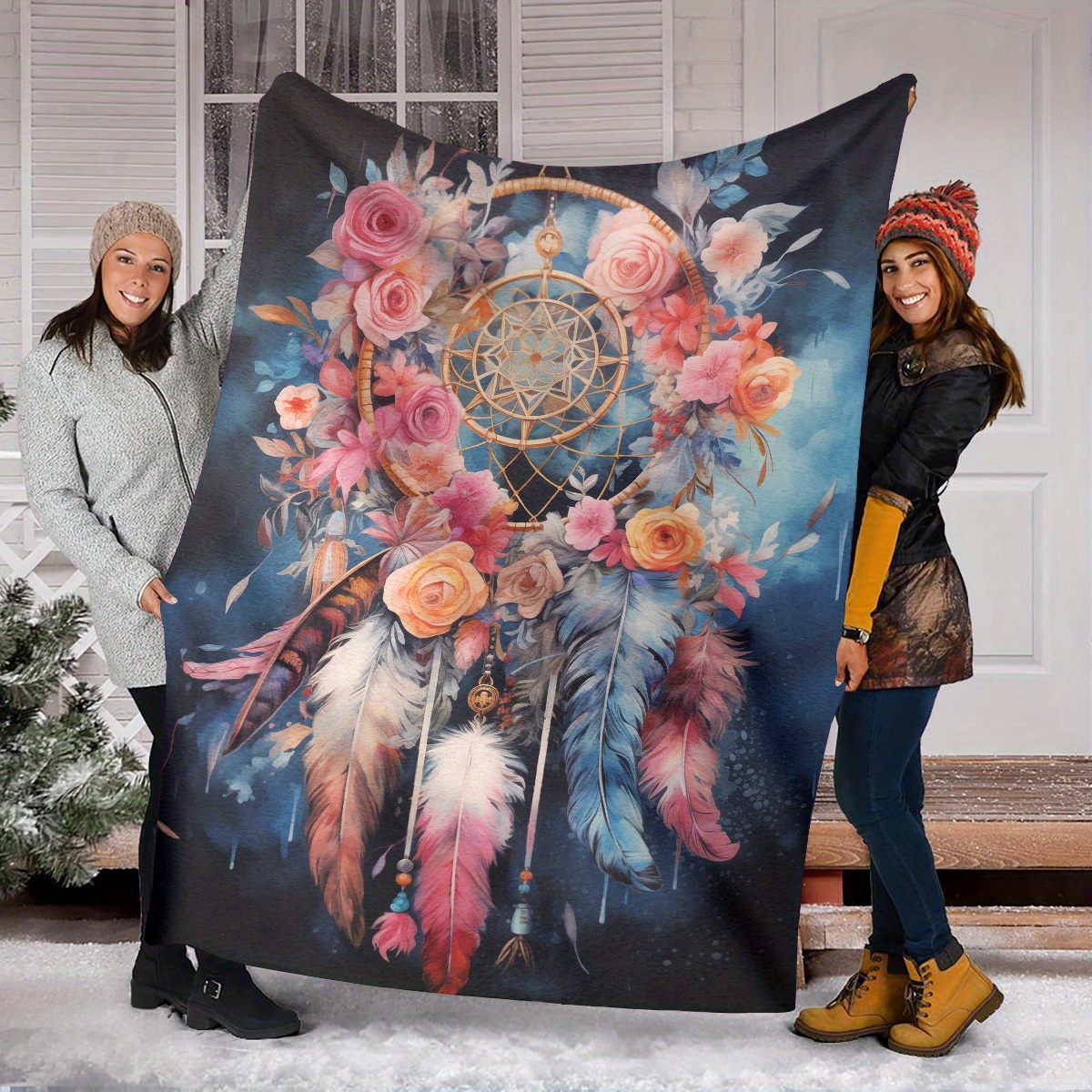 Flower Print Dream Catcher Blanket Cozy Flannel Throw for Home Office Couch