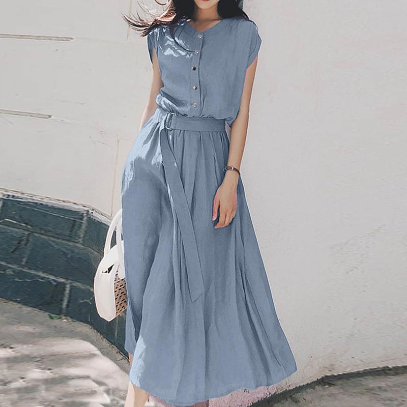 

Plus Size Casual Dress, Women's Plus Solid Button Up Cap Sleeve Round Neck Maxi Dress With Belt
