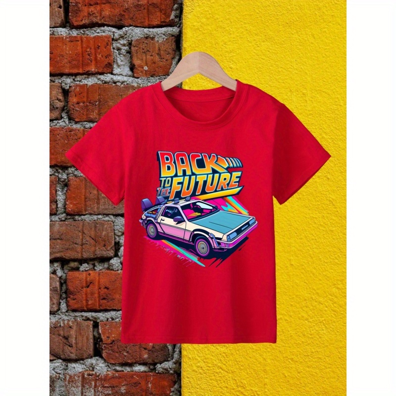 

Vintage Car And Santa Print Boy's Short Sleeve T-shirt Breathable Loose Fitting Round Neck Creative Pattern Casual Top