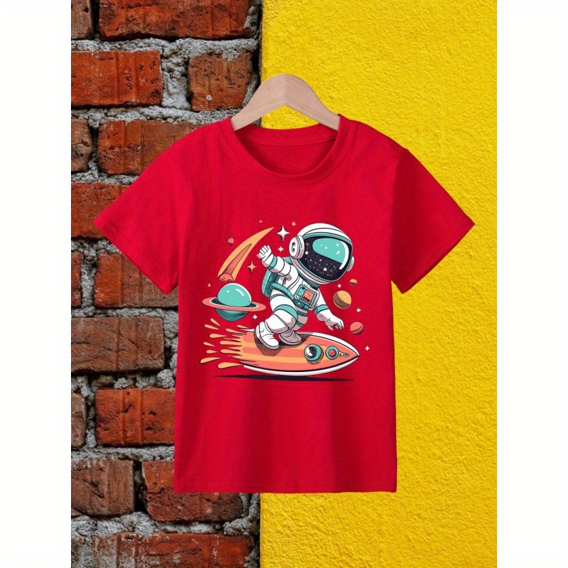 

Toddler Boys Cartoon Astronaut & Unicorn Print Cotton T-shirt Crew Neck Short Sleeve Comfy Breathable Tops For Kids